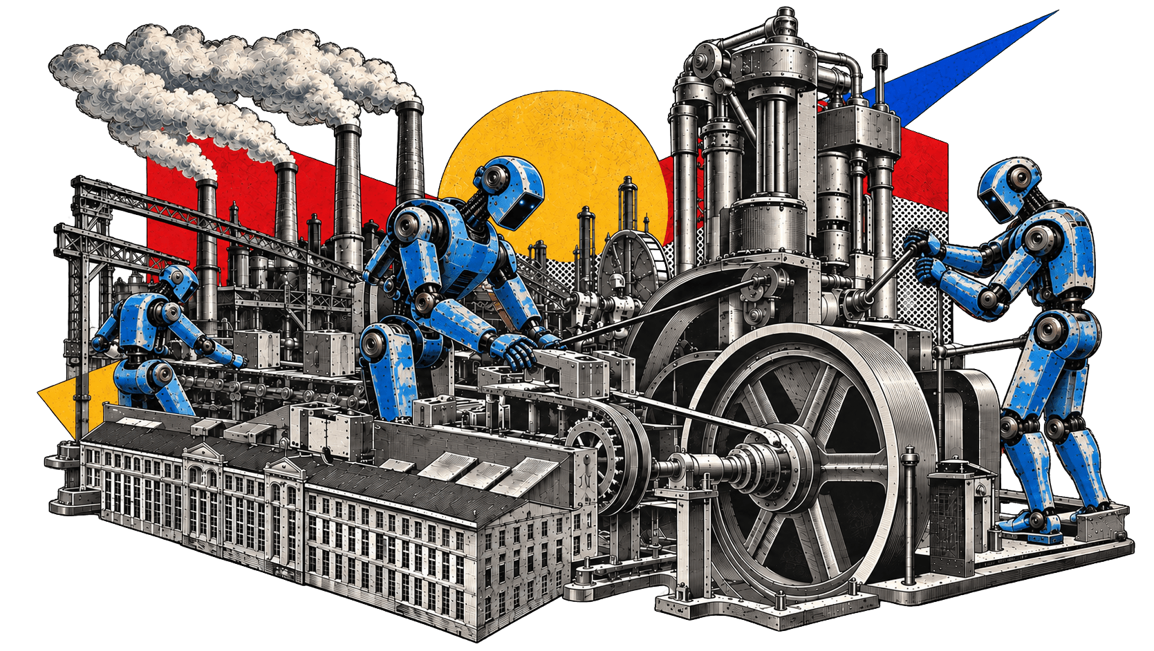 Blue robots working in an industrial environment